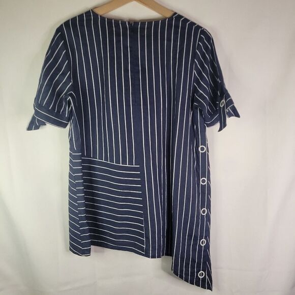 Korean 100% Linen Navy and White Asymmetrical Blouse - Picture 2 of 12
